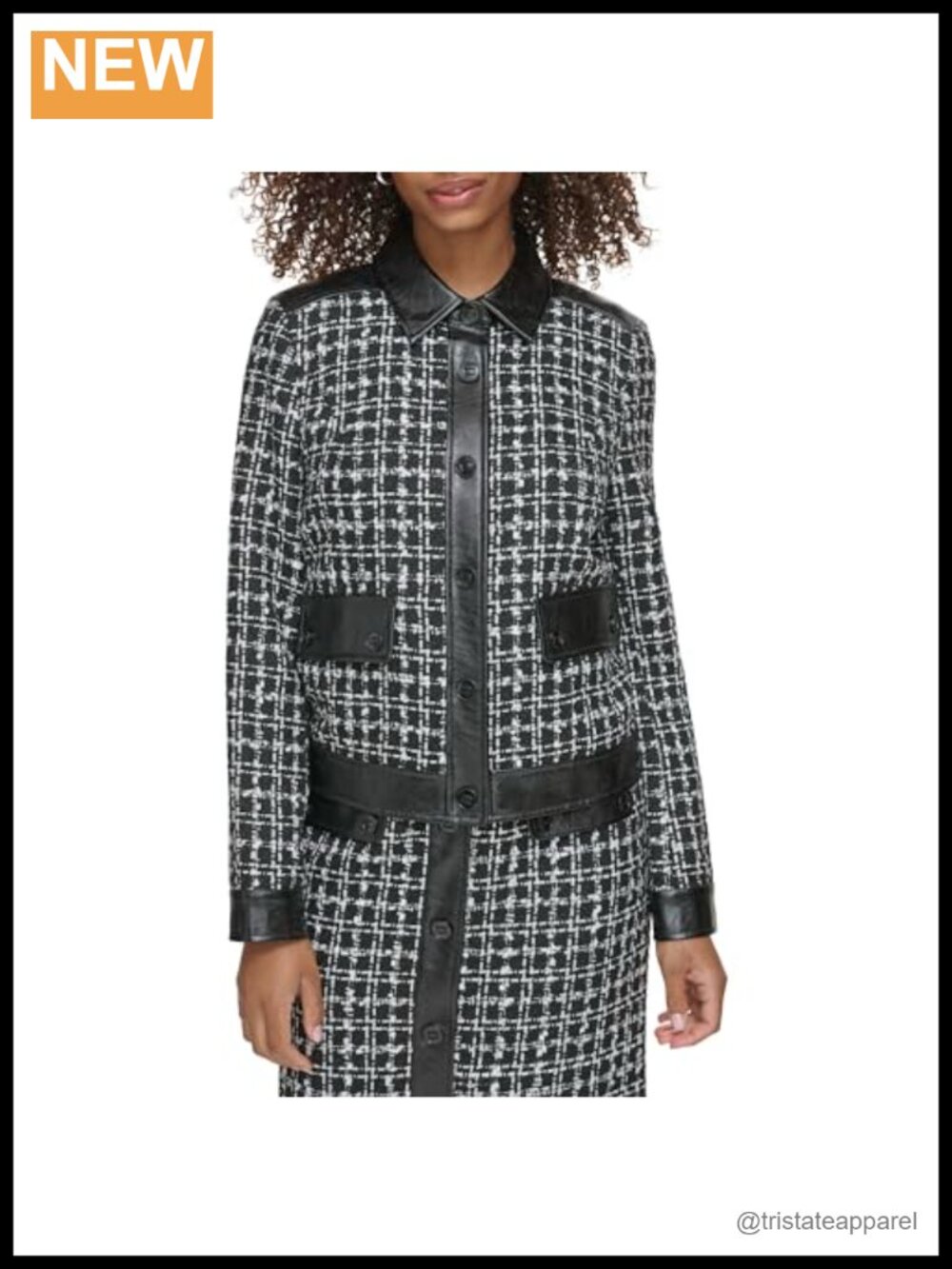 Faux Leather Tweed Jacket Women Long Sleeve Button Patch Pockets